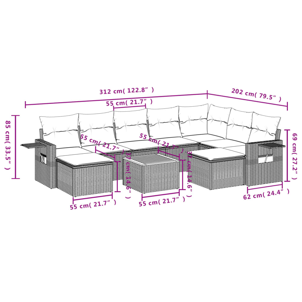 Set mobilier de grădină cu perne, 10 piese, gri, poliratan 3257180 - imagine 3