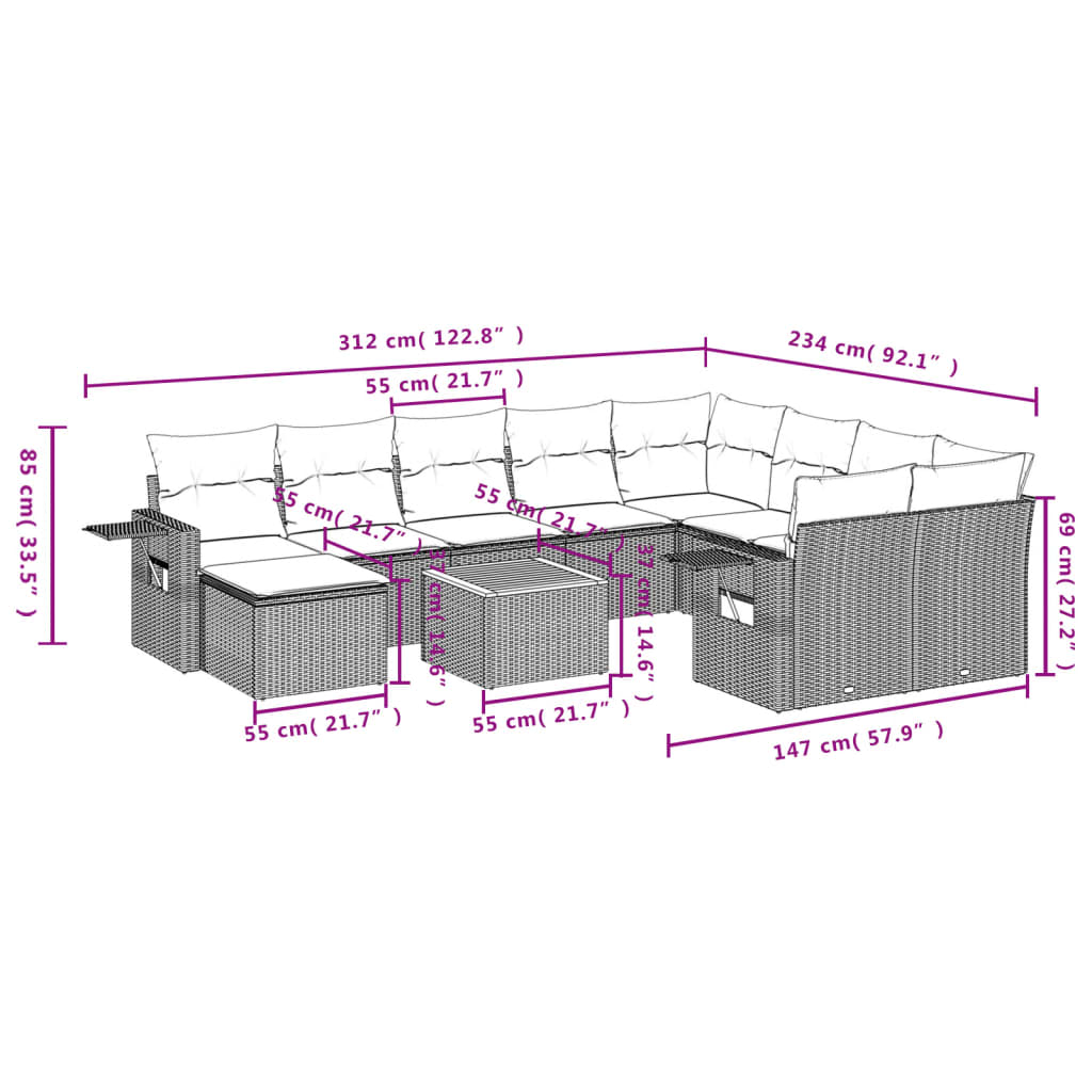 Set canapele de grădină cu perne, 11 piese, negru, poliratan 3257182 - imagine 3