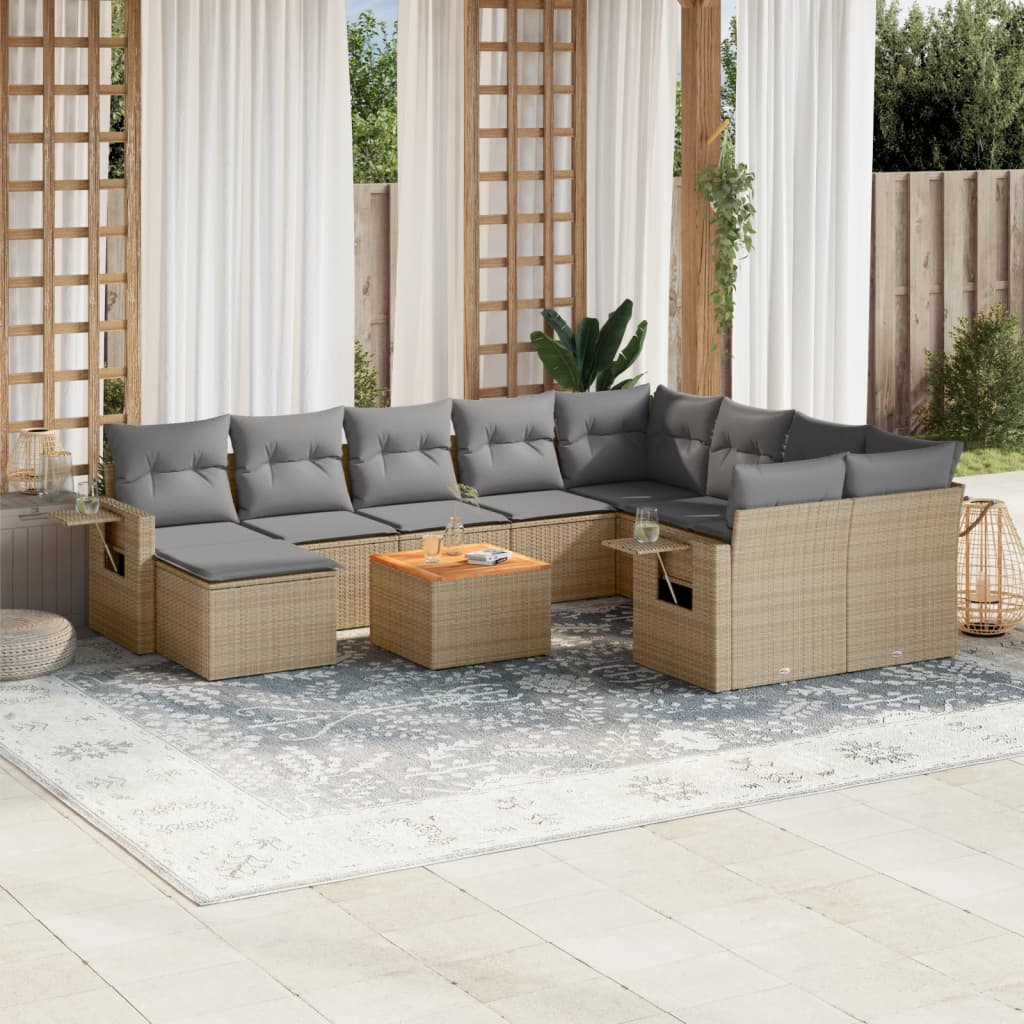 vidaXL 11-tlg. Garten-Sofagarnitur mit Kissen Beige Poly Rattan