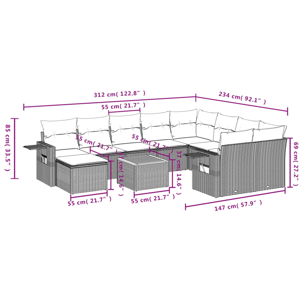 Set canapele de grădină cu perne, 11 piese, gri, poliratan 3257187 - imagine 3