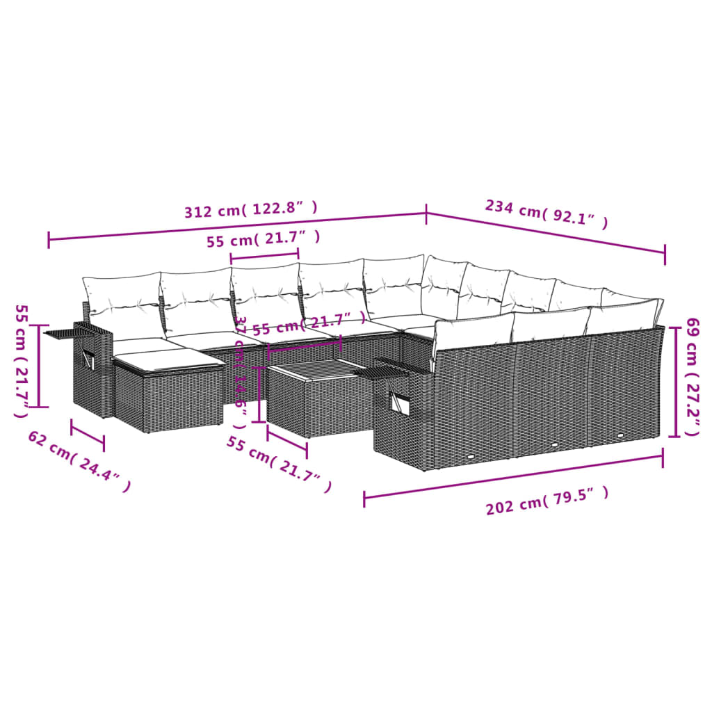 Set mobilier de grădină cu perne, 13 piese, negru, poliratan 3257196 - imagine 3