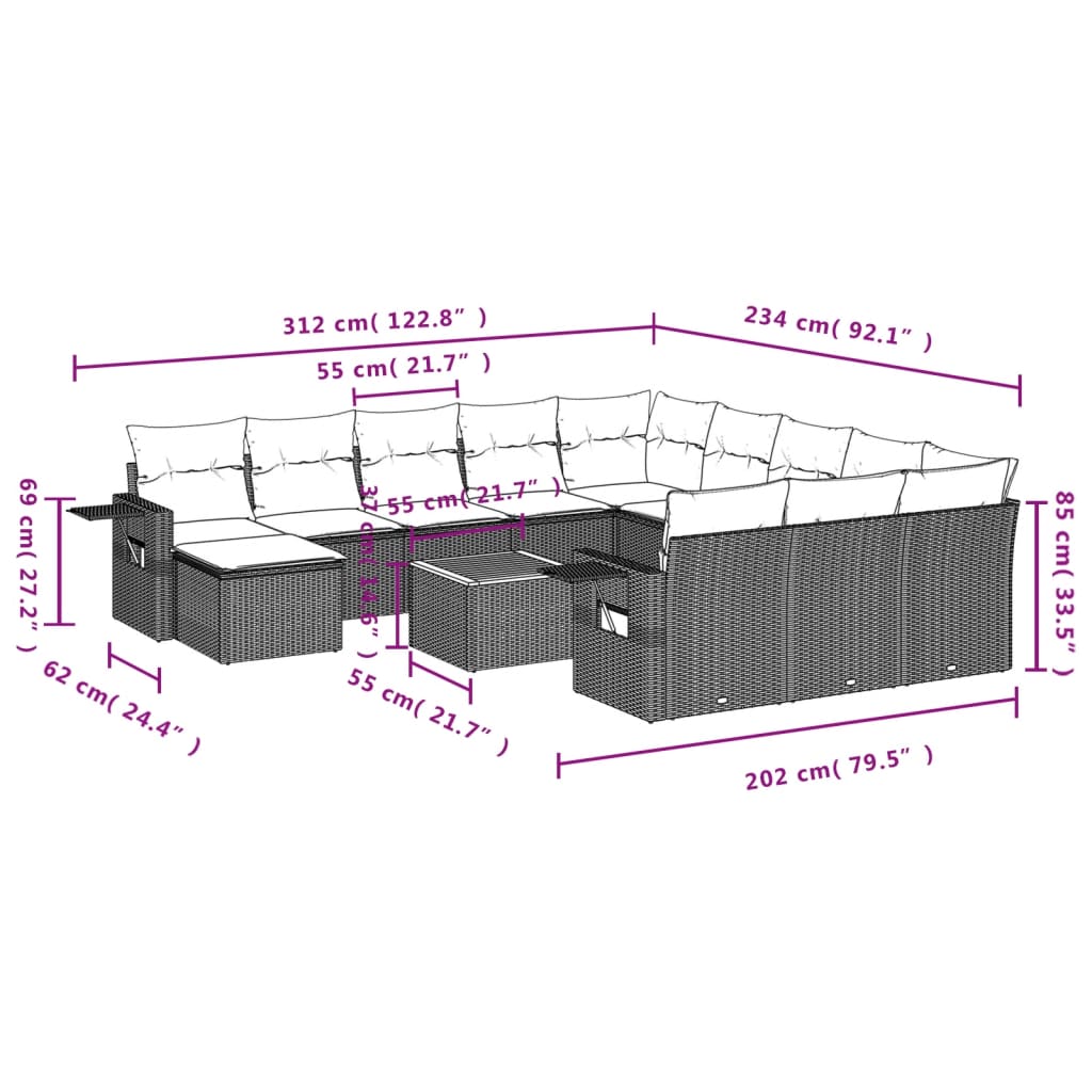 Set mobilier de grădină cu perne, 13 piese, negru, poliratan 3257197 - imagine 3