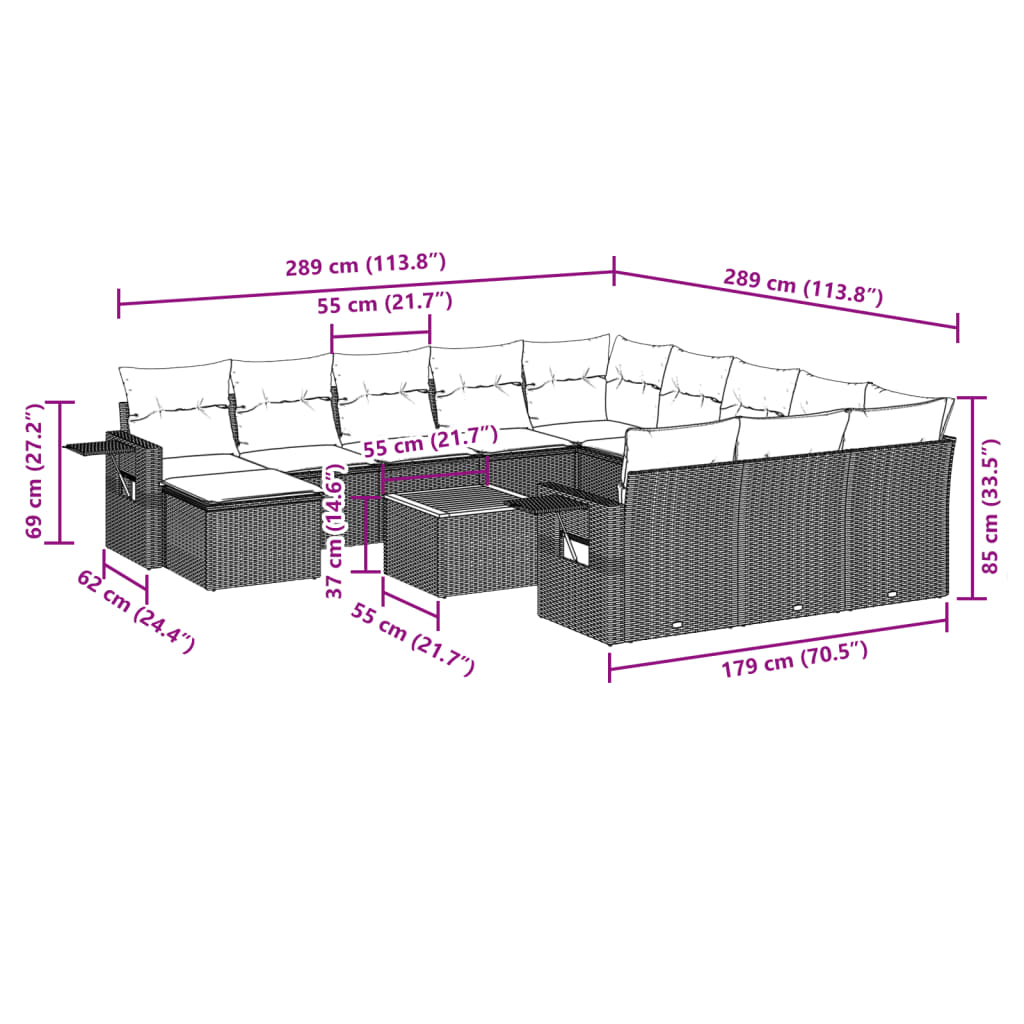Set mobilier de grădină cu perne, 13 piese, gri, poliratan 3257201 - imagine 3