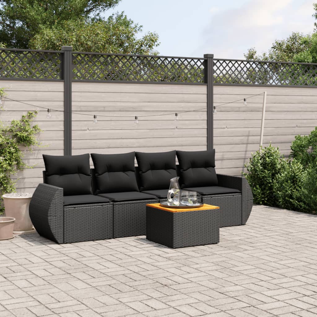 vidaXL 5-tlg. Garten-Sofagarnitur mit Kissen Schwarz Poly Rattan