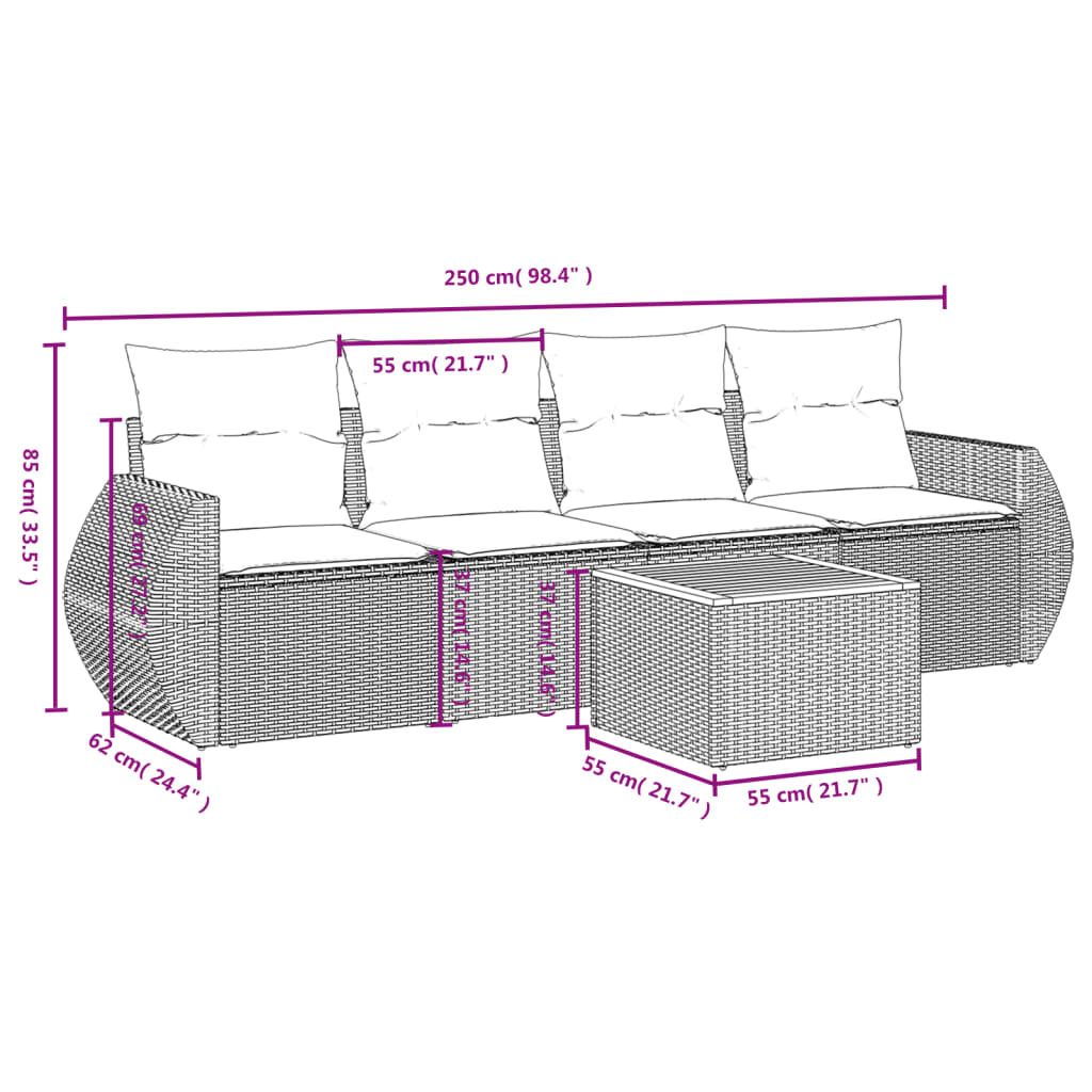 vidaXL 5-delige Loungeset met kussens poly rattan zwart afbeelding