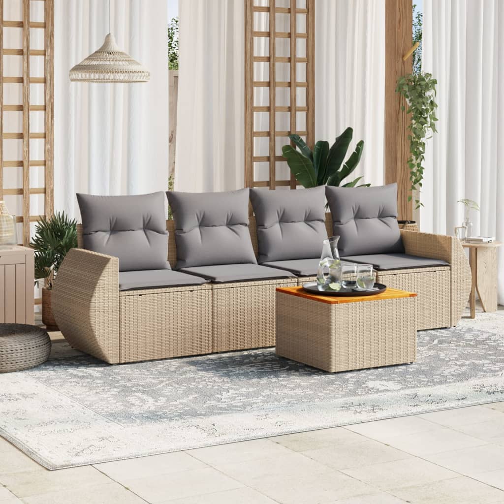 vidaXL 5-tlg. Garten-Sofagarnitur mit Kissen Beige Poly Rattan