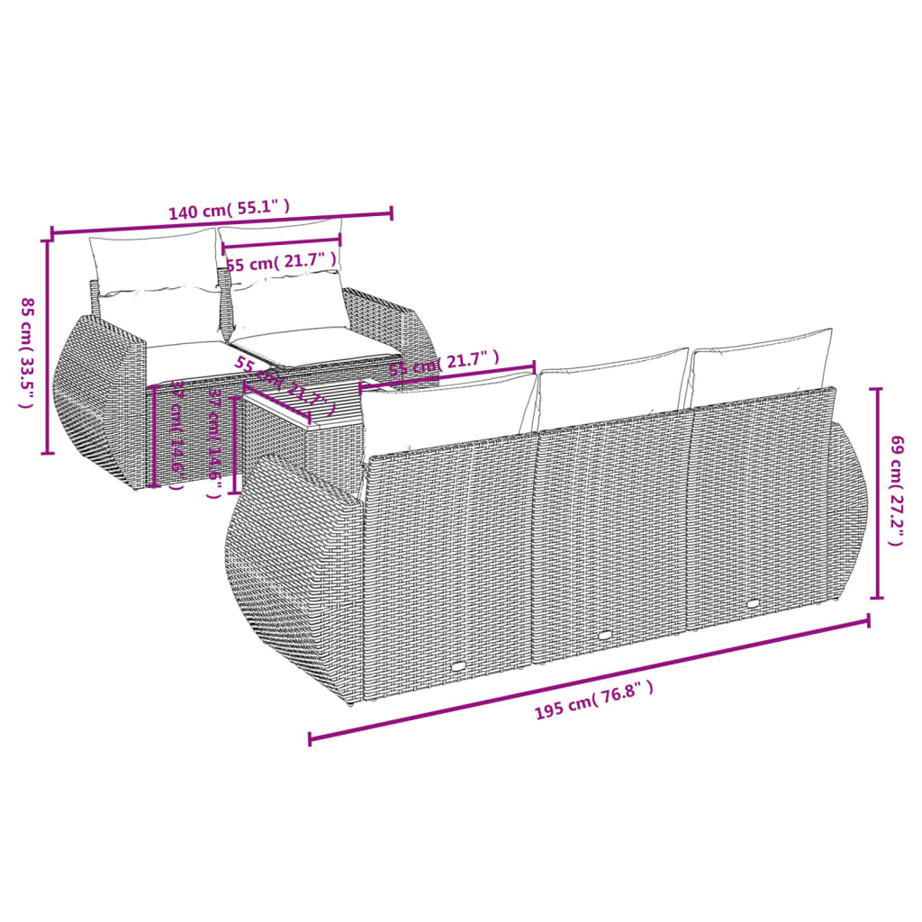 vidaXL 6-delige Loungeset met kussens poly rattan zwart afbeelding