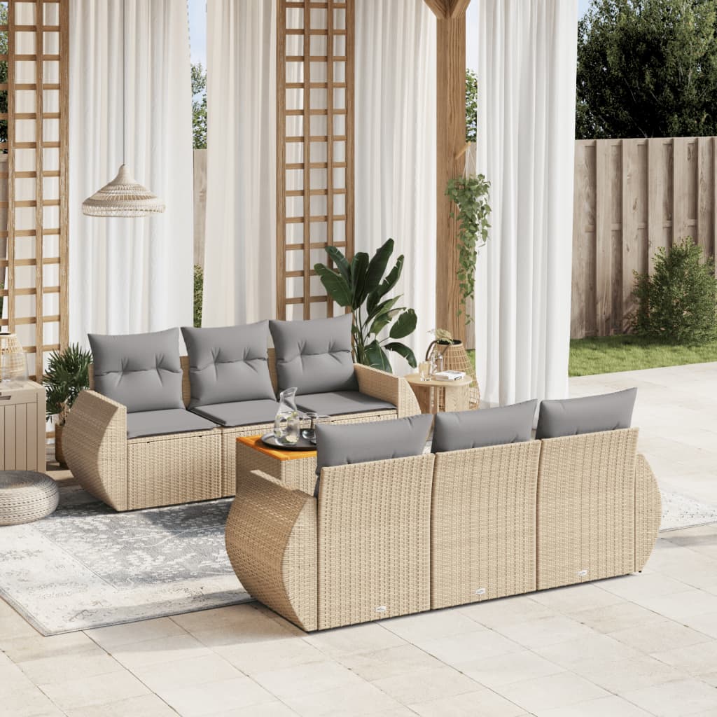 vidaXL 7-tlg. Garten-Sofagarnitur mit Kissen Beige Poly Rattan