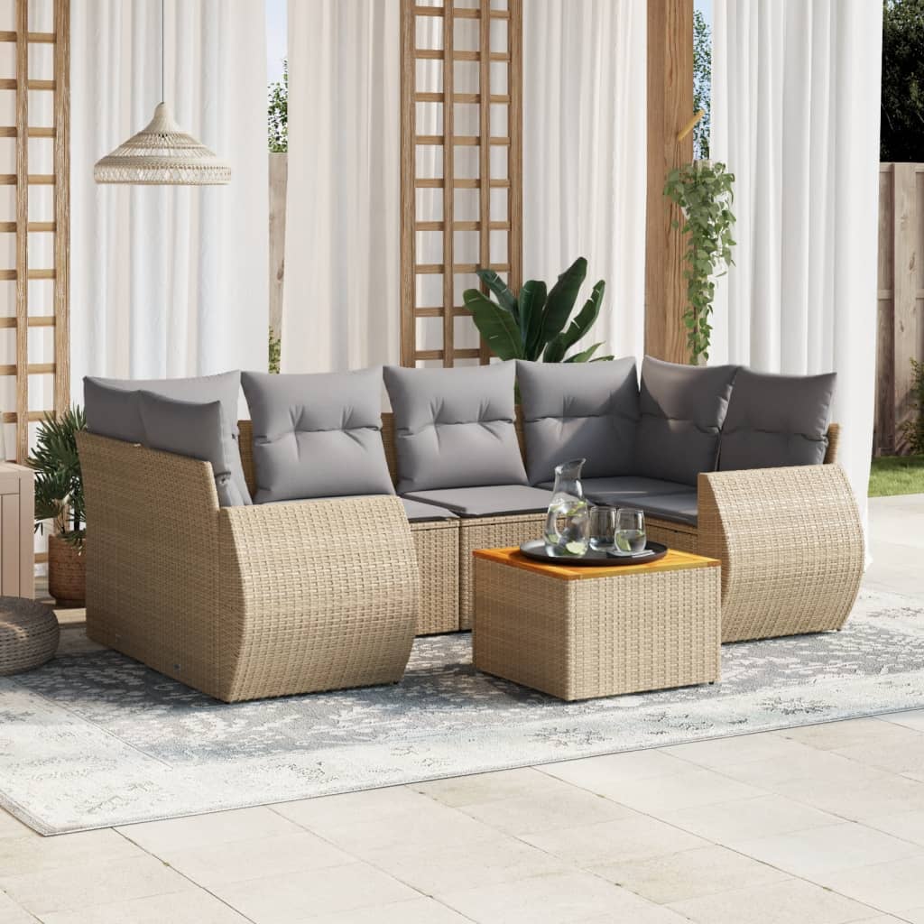 vidaXL 7-tlg. Garten-Sofagarnitur mit Kissen Beige Poly Rattan