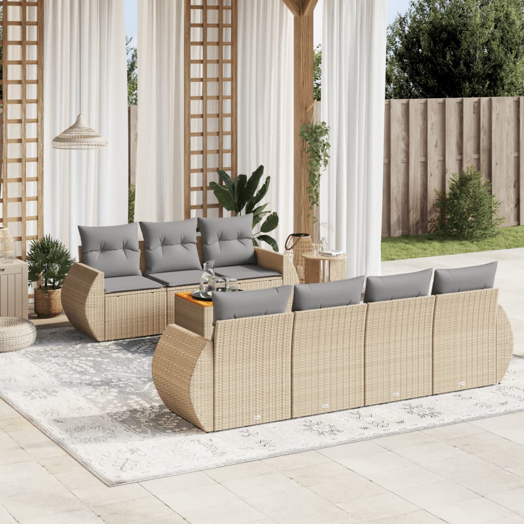 vidaXL 8-tlg. Garten-Sofagarnitur mit Kissen Beige Poly Rattan