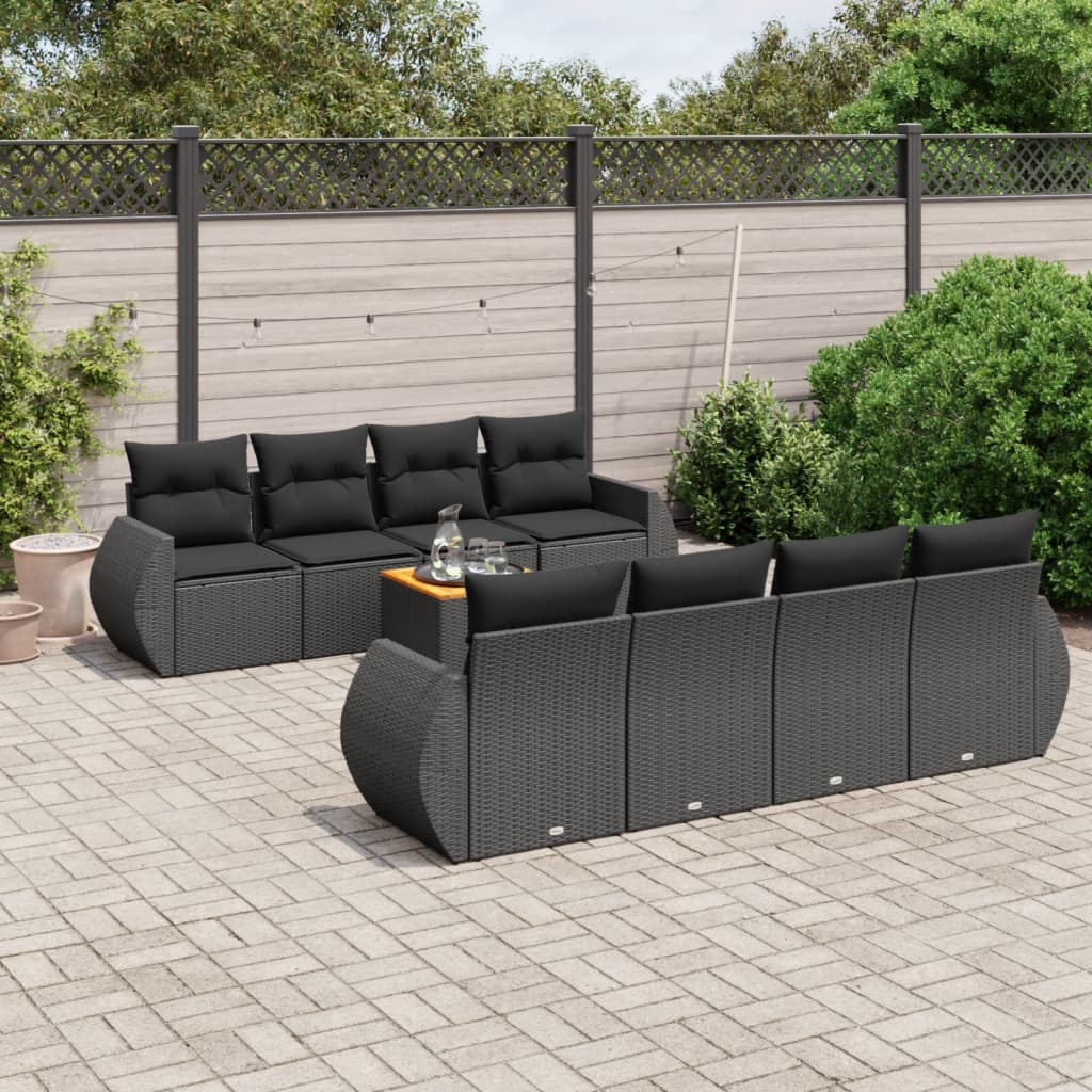 vidaXL 9-tlg. Garten-Sofagarnitur mit Kissen Schwarz Poly Rattan