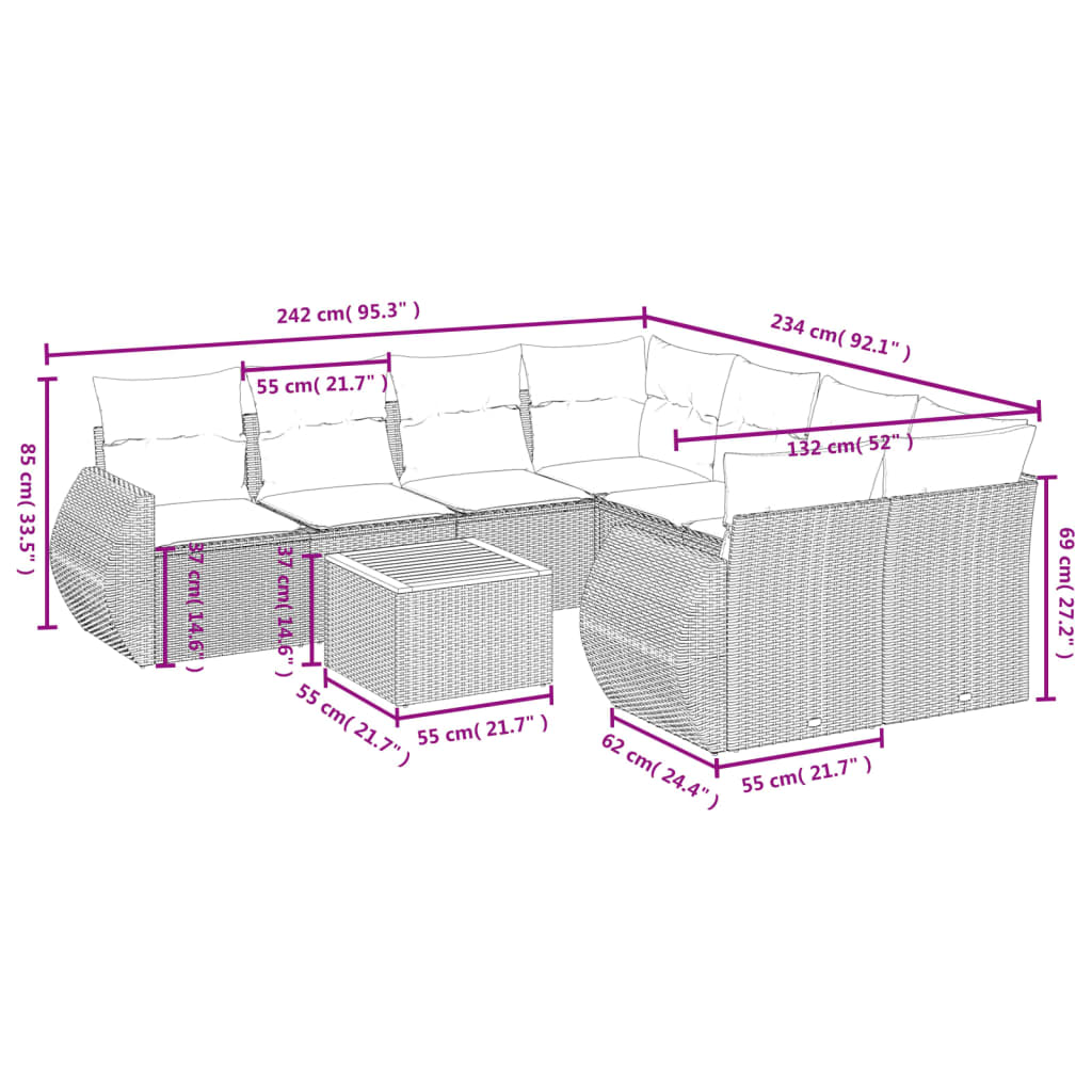 vidaXL 9-delige Loungeset met kussens poly rattan zwart afbeelding