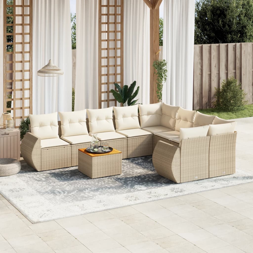 vidaXL 9-tlg. Garten-Sofagarnitur mit Kissen Beige Poly Rattan