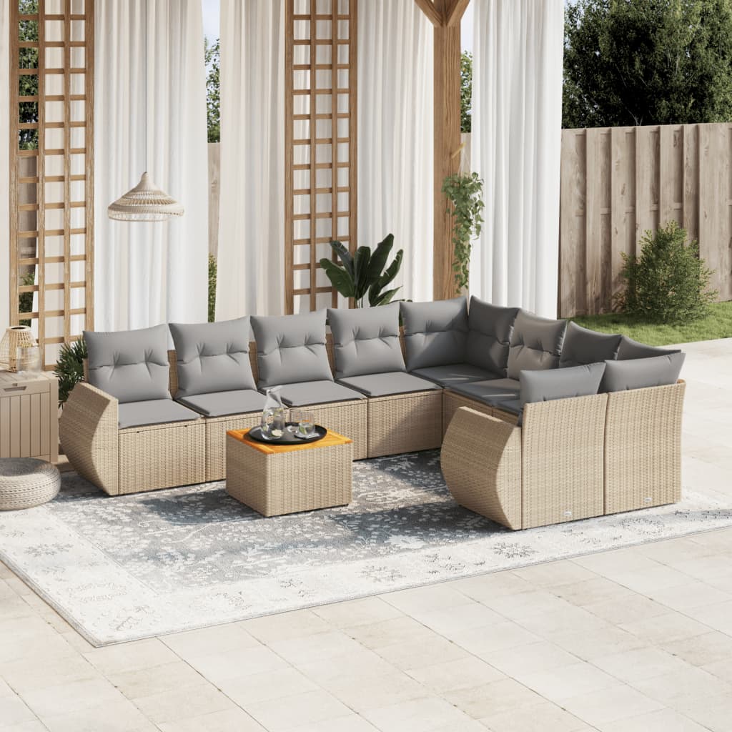 vidaXL 9-tlg. Garten-Sofagarnitur mit Kissen Beige Poly Rattan