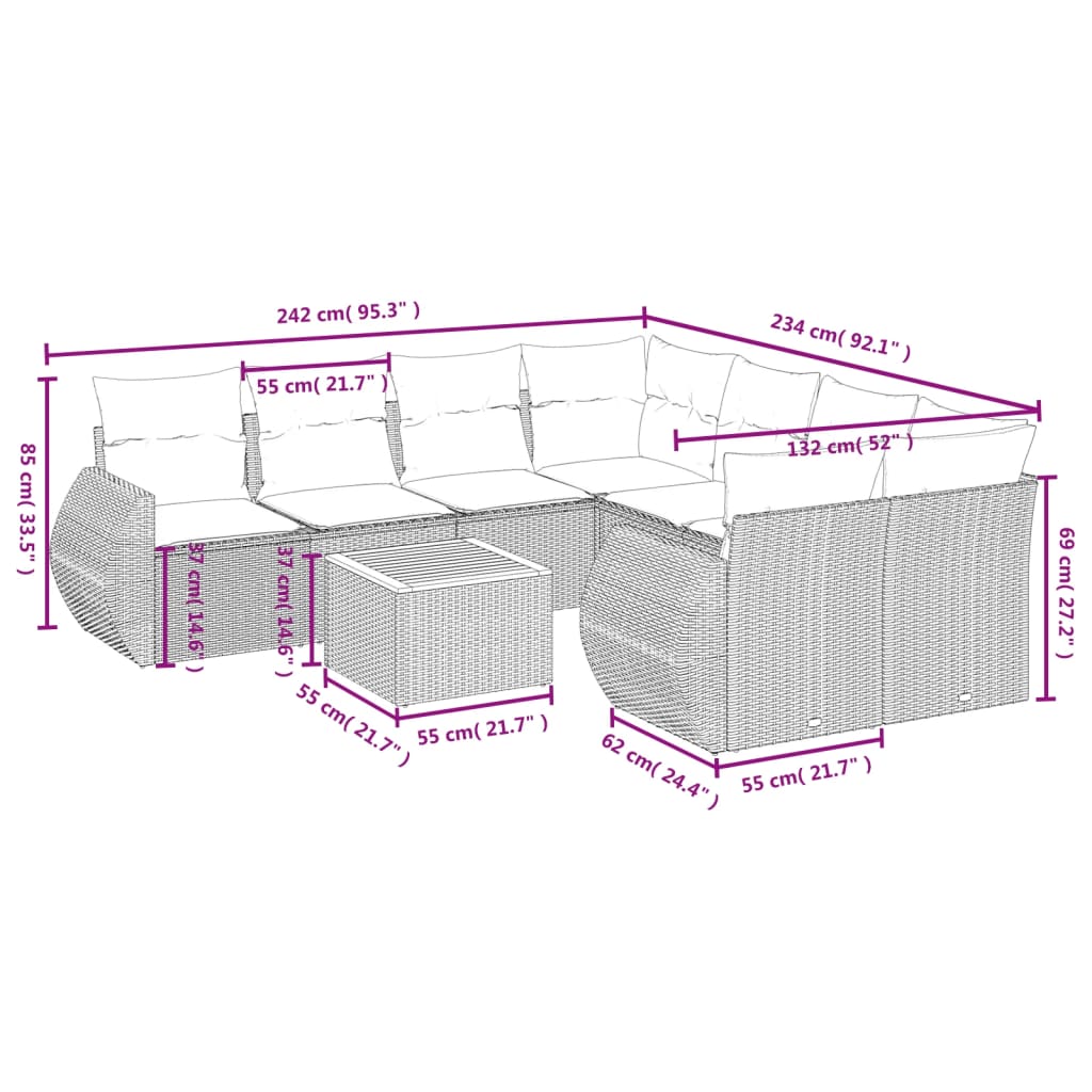 vidaXL 9-delige Loungeset met kussens poly rattan grijs afbeelding