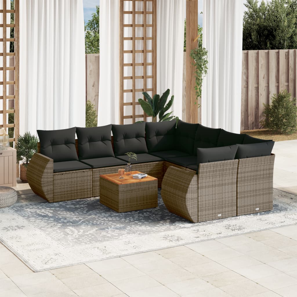 vidaXL 9-tlg. Garten-Sofagarnitur mit Kissen Grau Poly Rattan