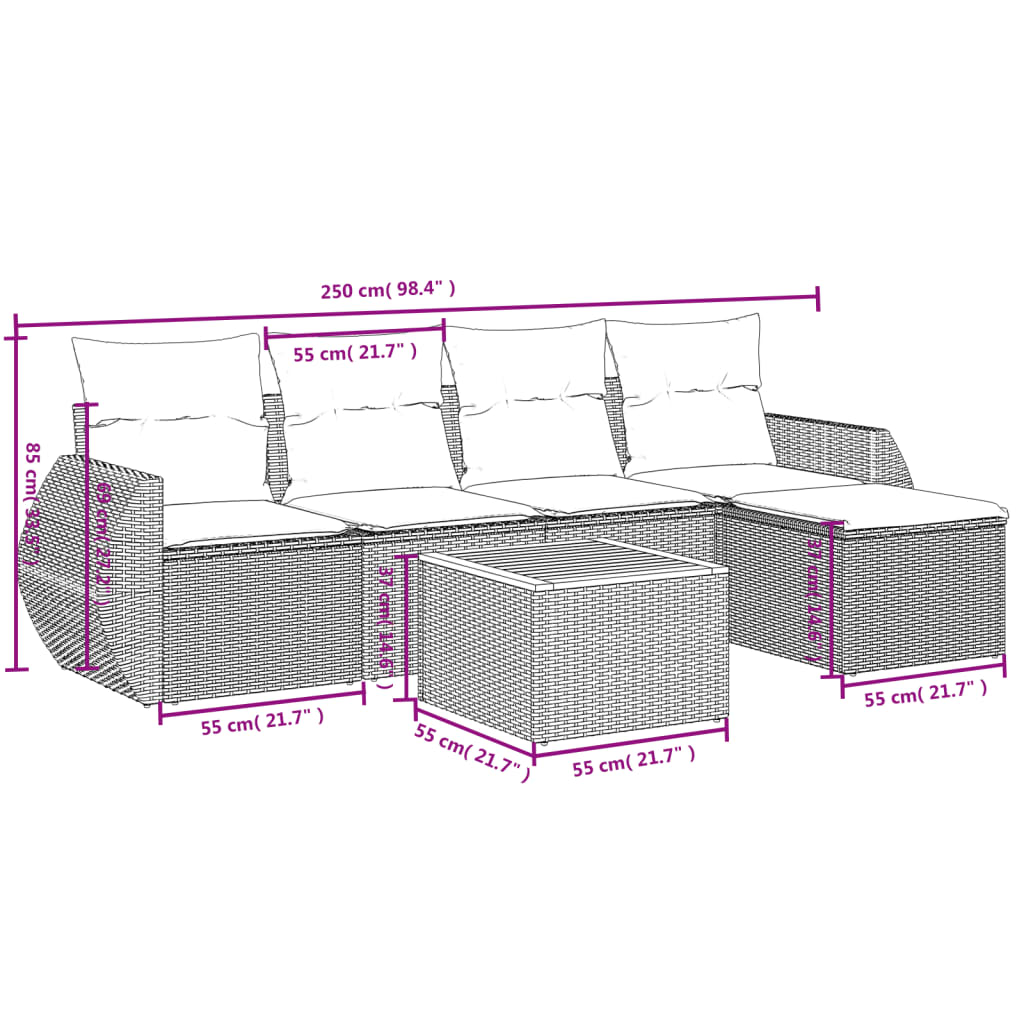 vidaXL 6-delige Loungeset met kussens poly rattan zwart afbeelding