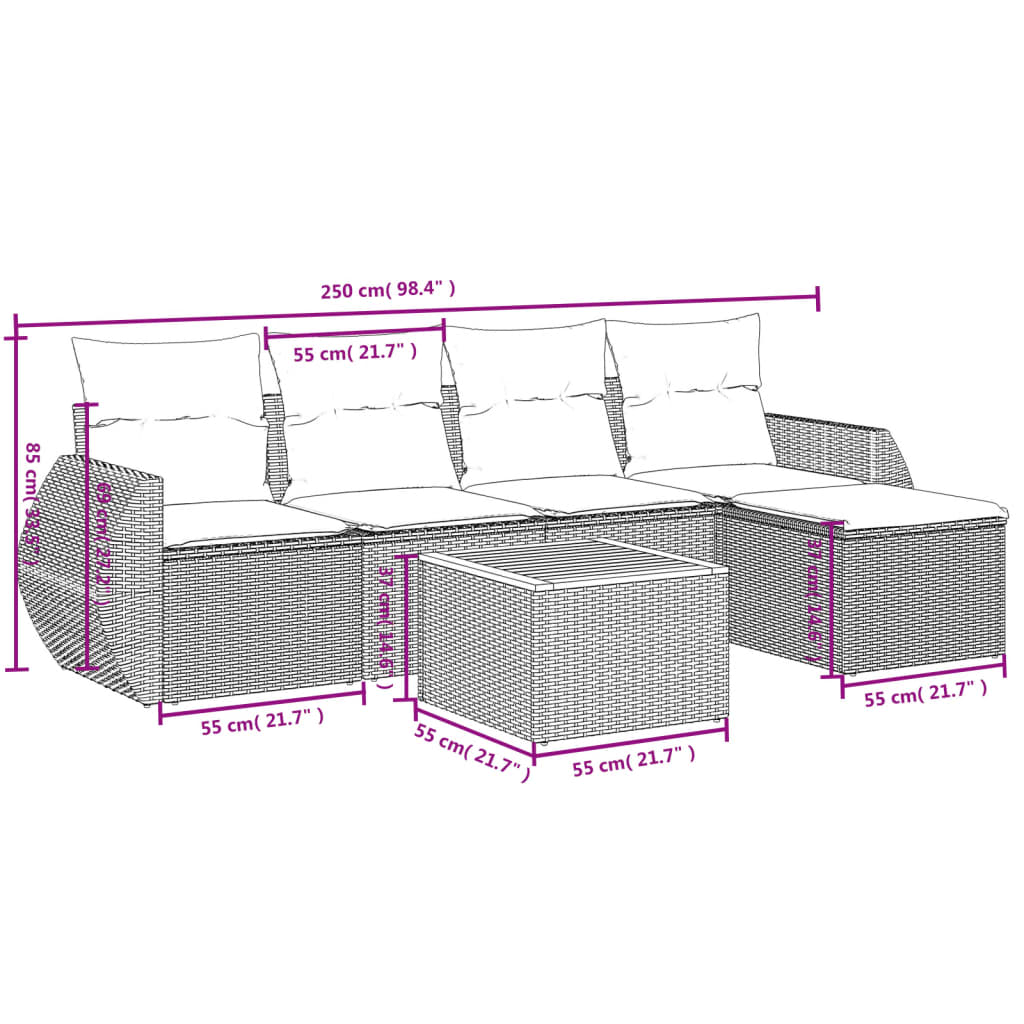 vidaXL 6-delige Loungeset met kussens poly rattan beige afbeelding