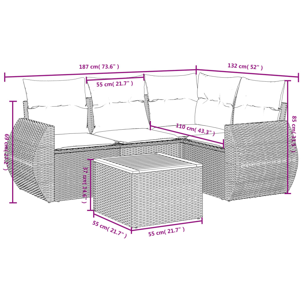 Set mobilier de grădină cu perne, 5 piese, negru, poliratan 3257316 - imagine 3