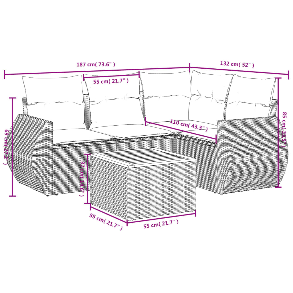 vidaXL 5-delige Loungeset met kussens poly rattan grijs afbeelding