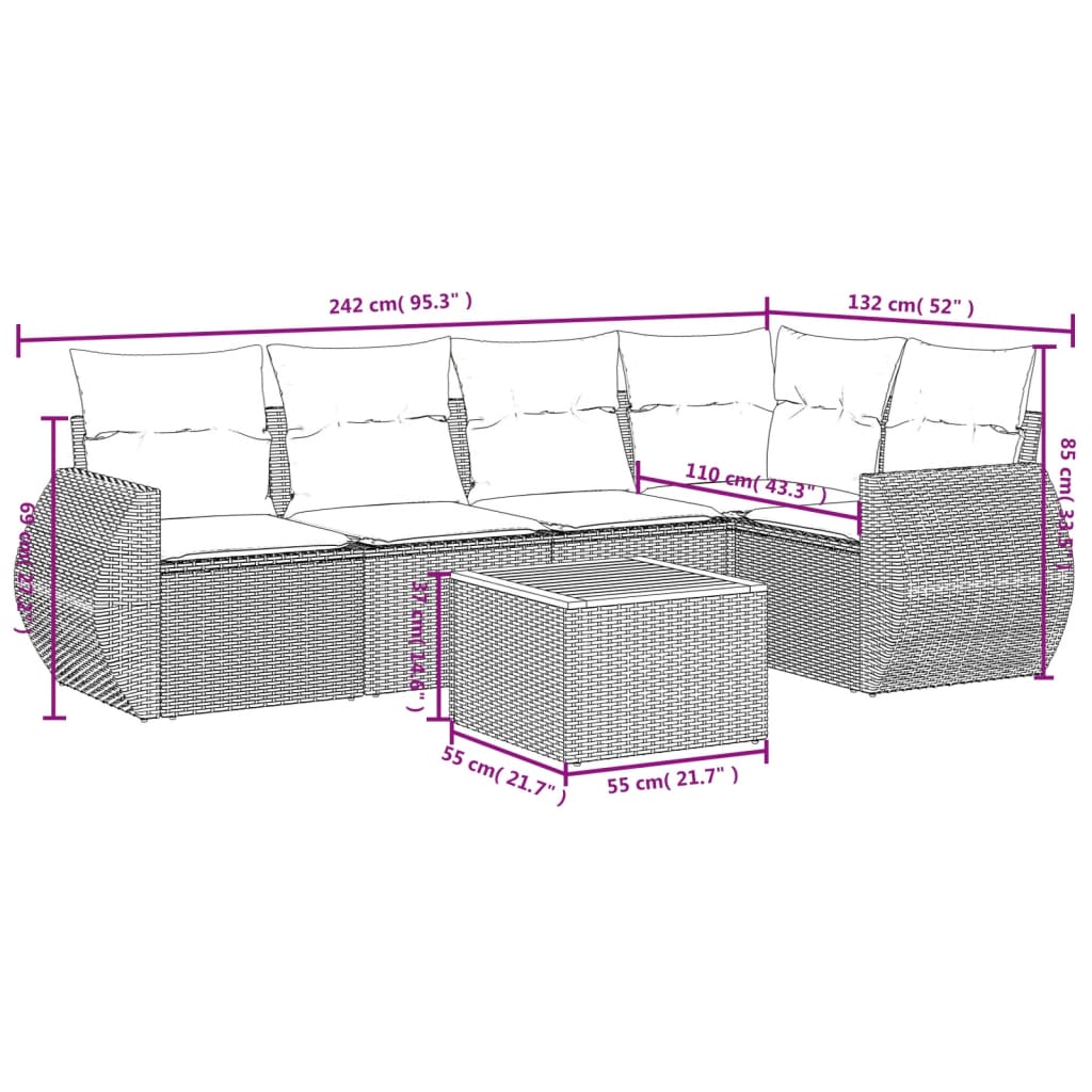 Set mobilier grădină cu perne, 6 piese, gri, poliratan 3257327 - imagine 3