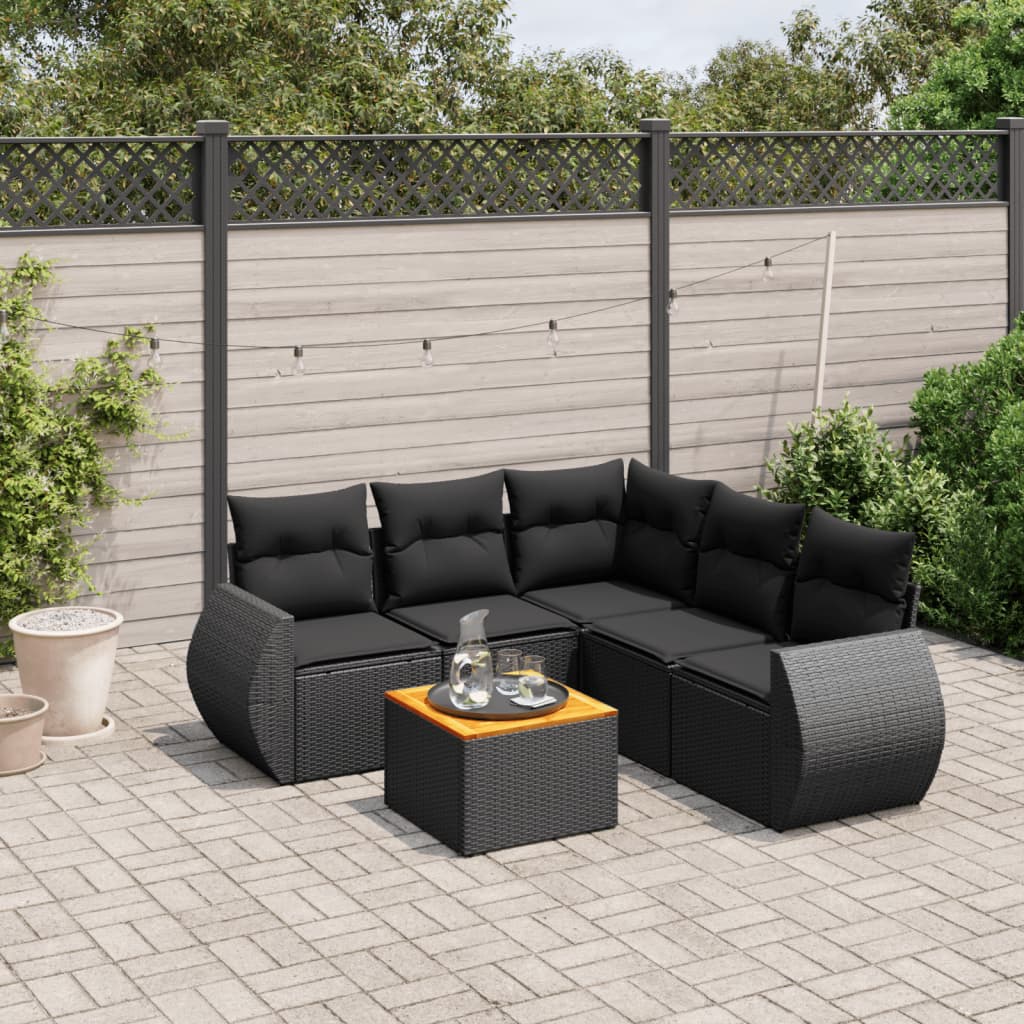 vidaXL 6-tlg. Garten-Sofagarnitur mit Kissen Schwarz Poly Rattan