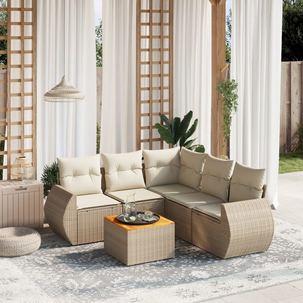 vidaXL 6-tlg. Garten-Sofagarnitur mit Kissen Beige Poly Rattan