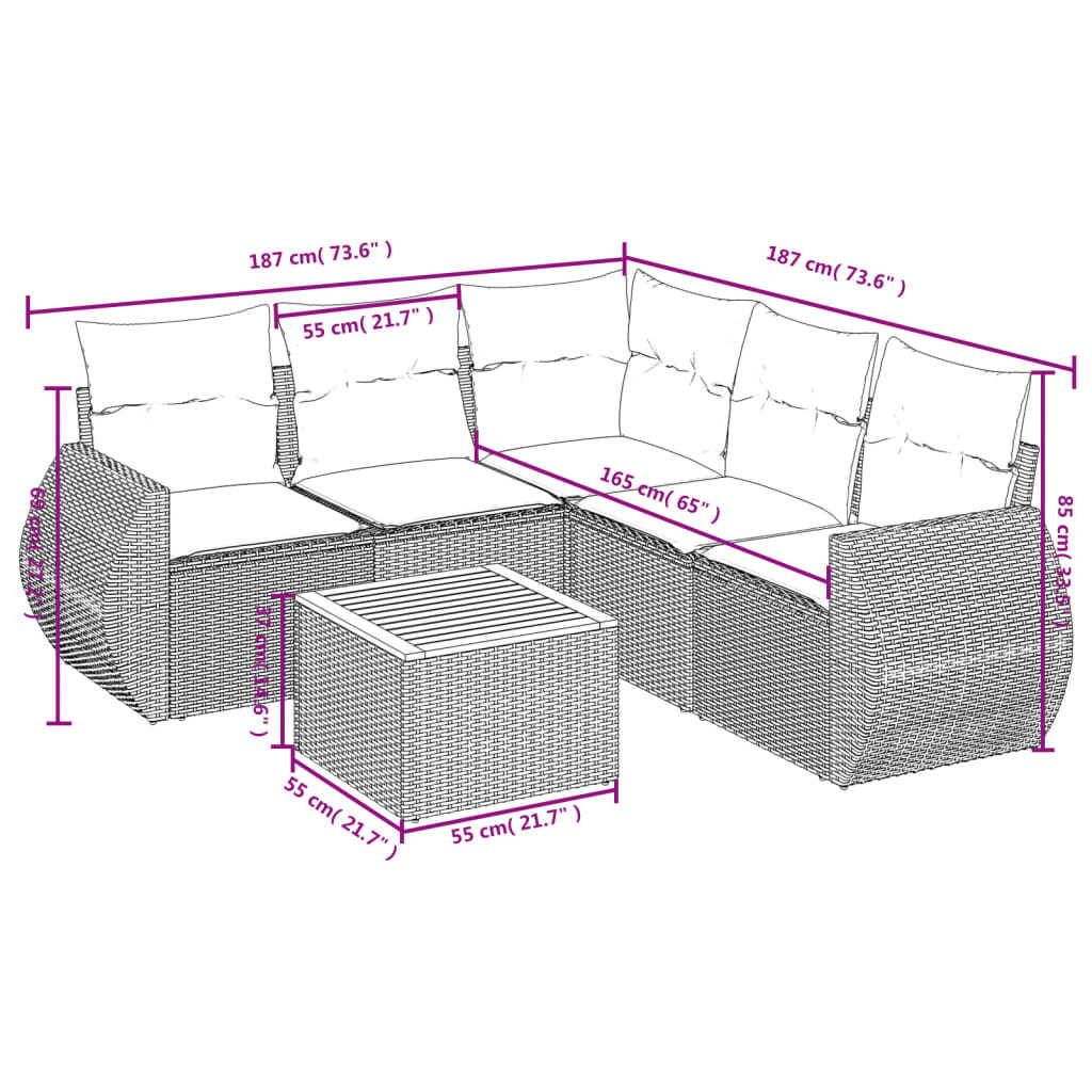 vidaXL 6-delige Loungeset met kussens poly rattan beige