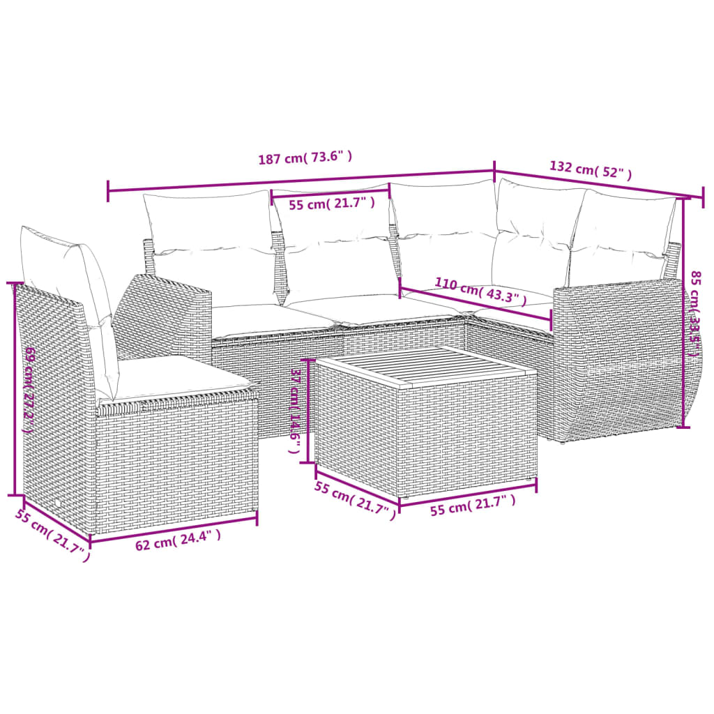 vidaXL 6-delige Loungeset met kussens poly rattan beige