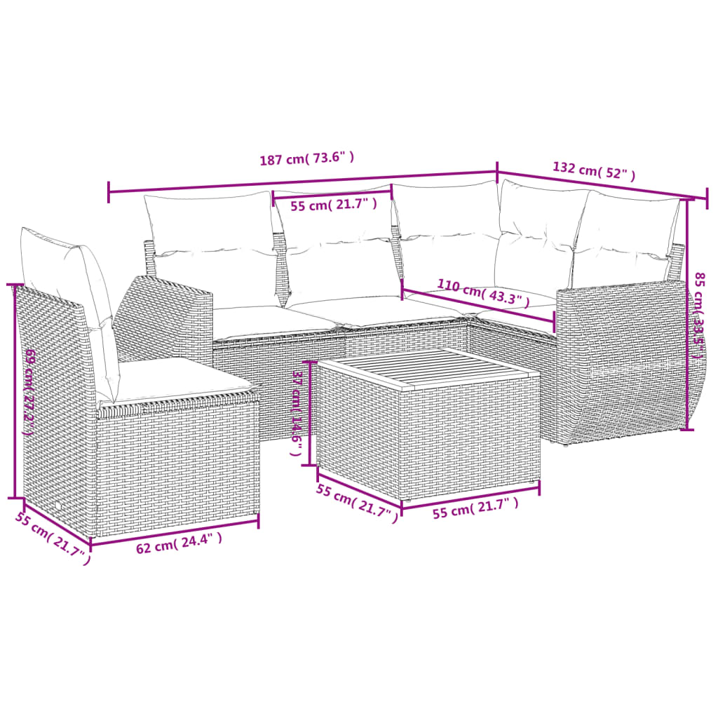 vidaXL 6-delige Loungeset met kussens poly rattan beige