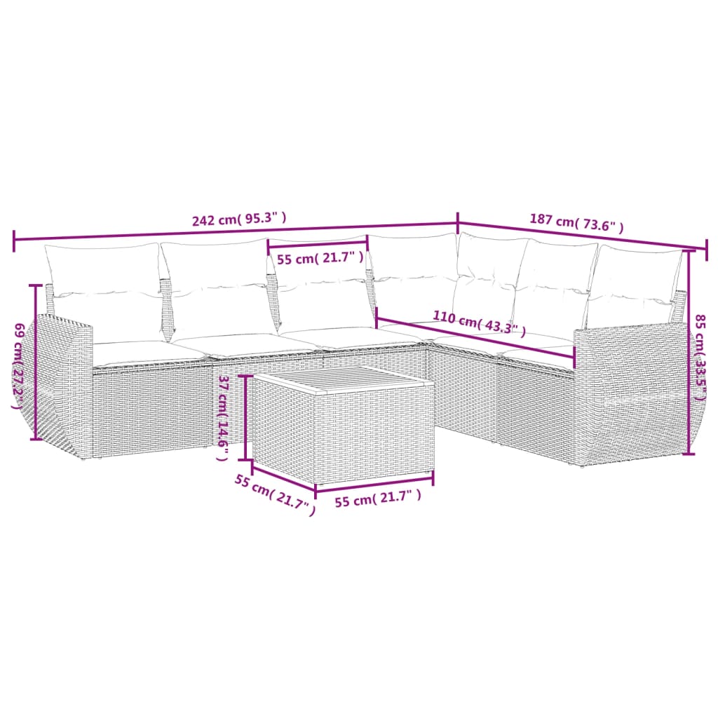 vidaXL 7-delige Loungeset met kussens poly rattan zwart