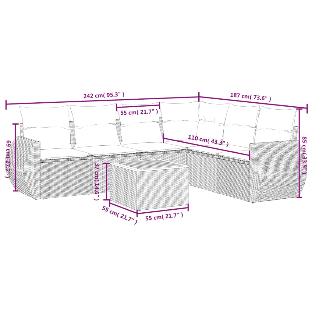 Set canapele de grădină cu perne, 7 piese, negru, poliratan 3257351 - imagine 3