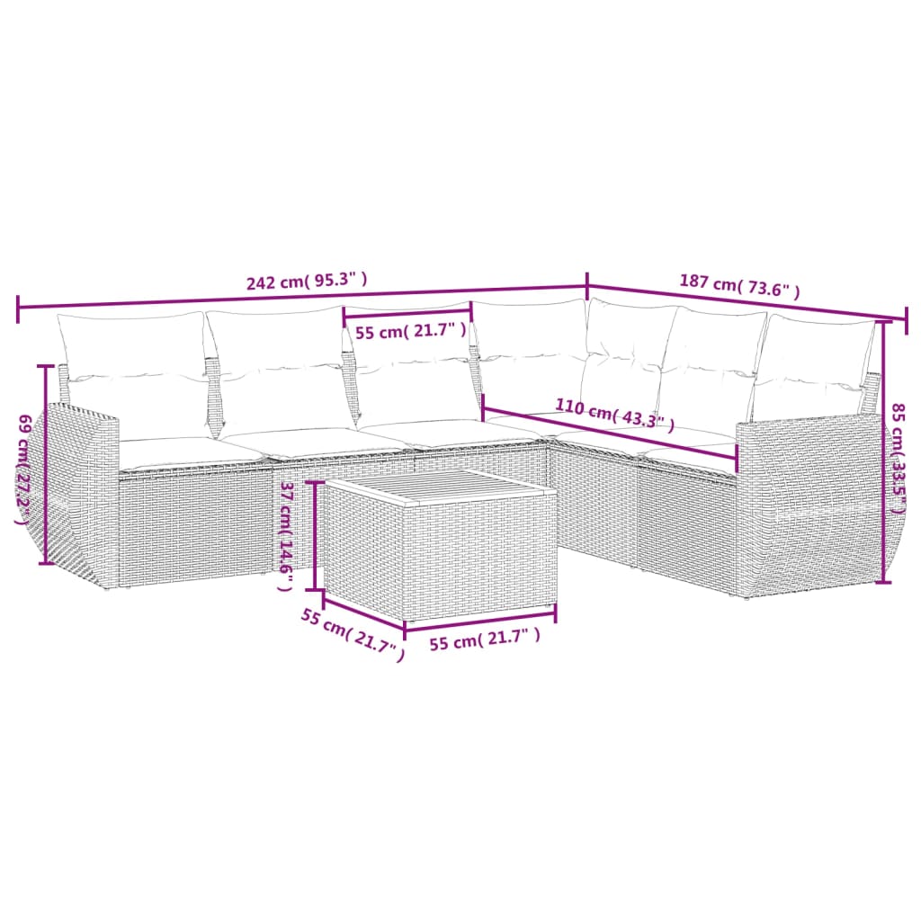 vidaXL 7-delige Loungeset met kussens poly rattan beige