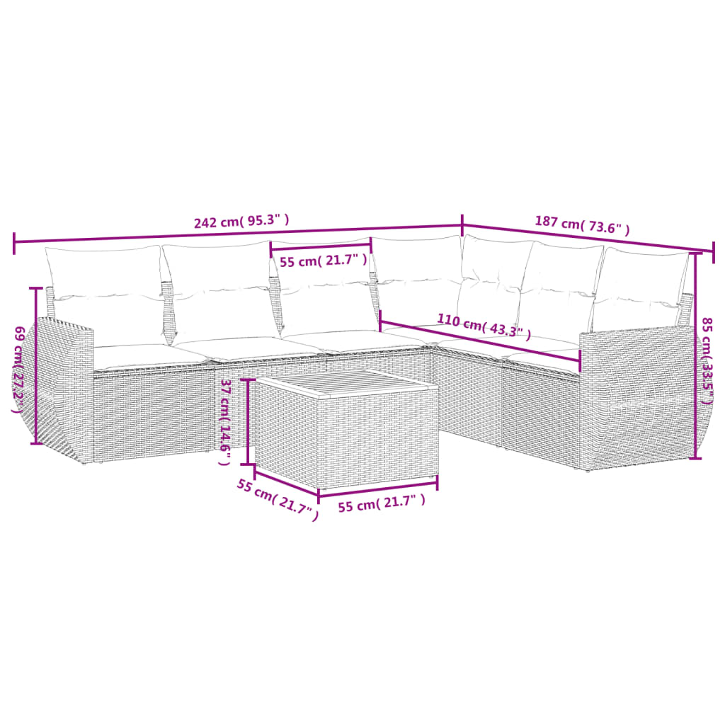 vidaXL 7-delige Loungeset met kussens poly rattan beige