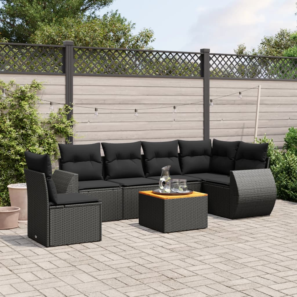 7-tlg. Garten-Sofagarnitur mit Kissen Schwarz Poly Rattan