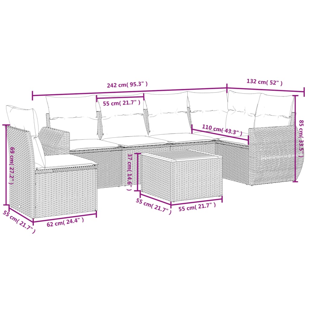 Set canapele de grădină cu perne, 7 piese, negru, poliratan 3257358 - imagine 3