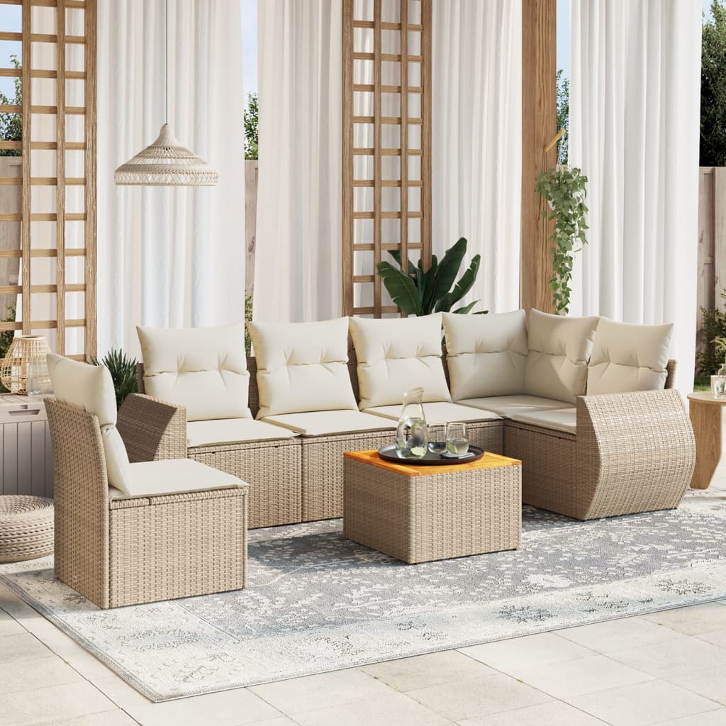 vidaXL 7-tlg. Garten-Sofagarnitur mit Kissen Beige Poly Rattan