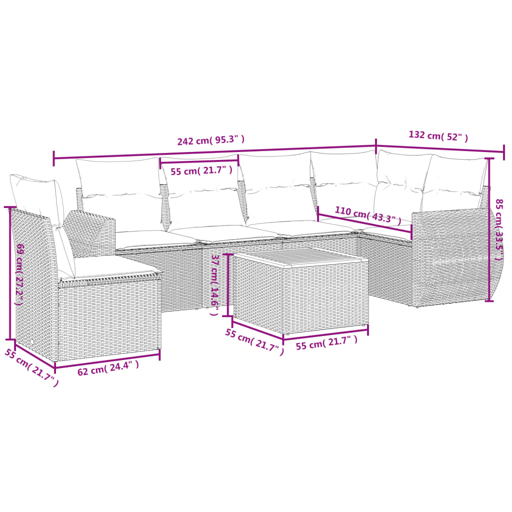 vidaXL 7-delige Loungeset met kussens poly rattan beige