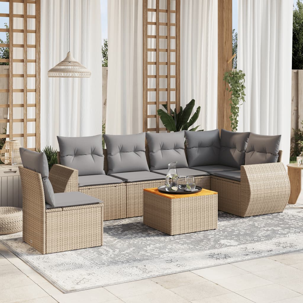 vidaXL 7-tlg. Garten-Sofagarnitur mit Kissen Beige Poly Rattan