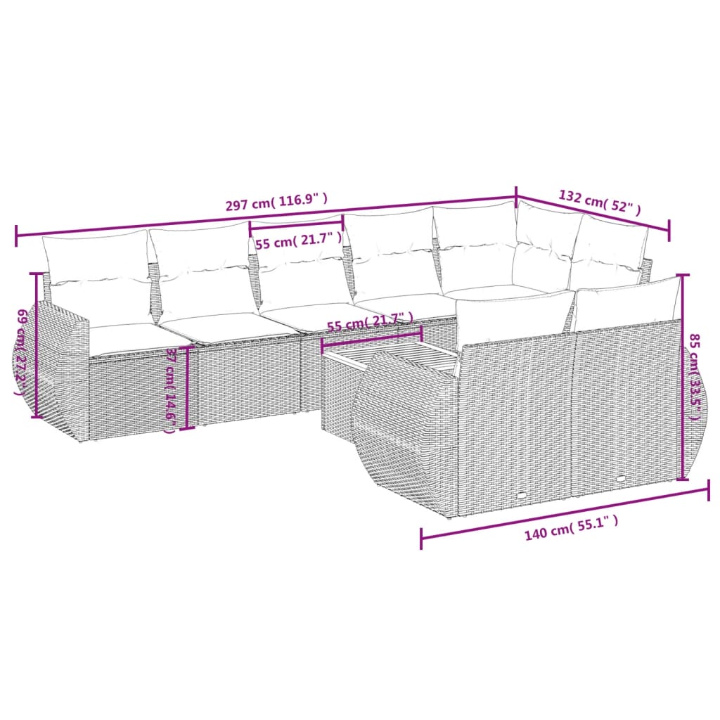 Thumbnail - vidaXL 9-tlg. Garten-Sofagarnitur mit Kissen Beige Poly Rattan
