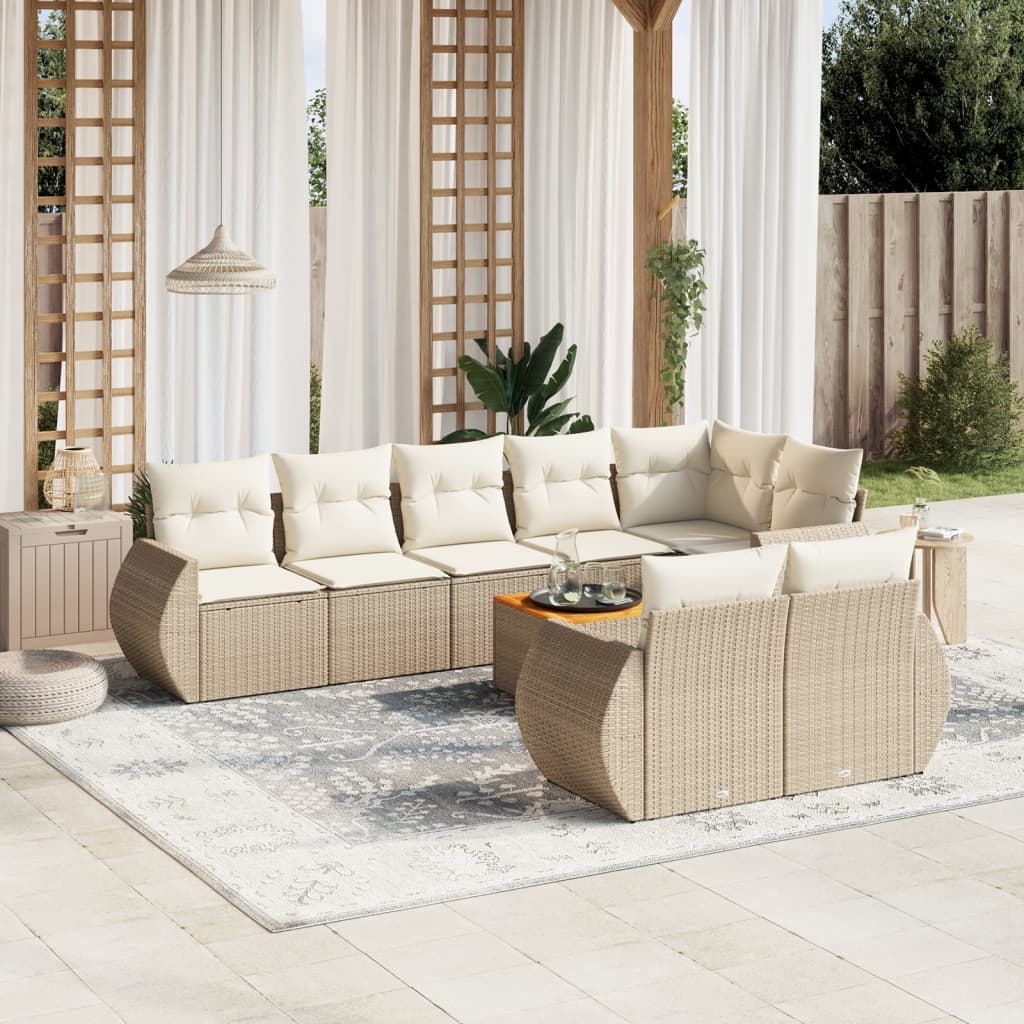 vidaXL 9-tlg. Garten-Sofagarnitur mit Kissen Beige Poly Rattan