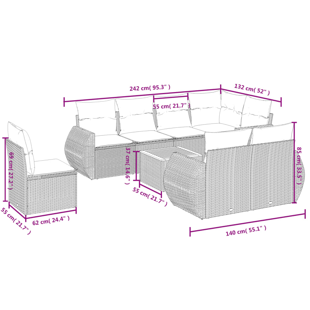 vidaXL 9-delige Loungeset met kussens poly rattan zwart afbeelding