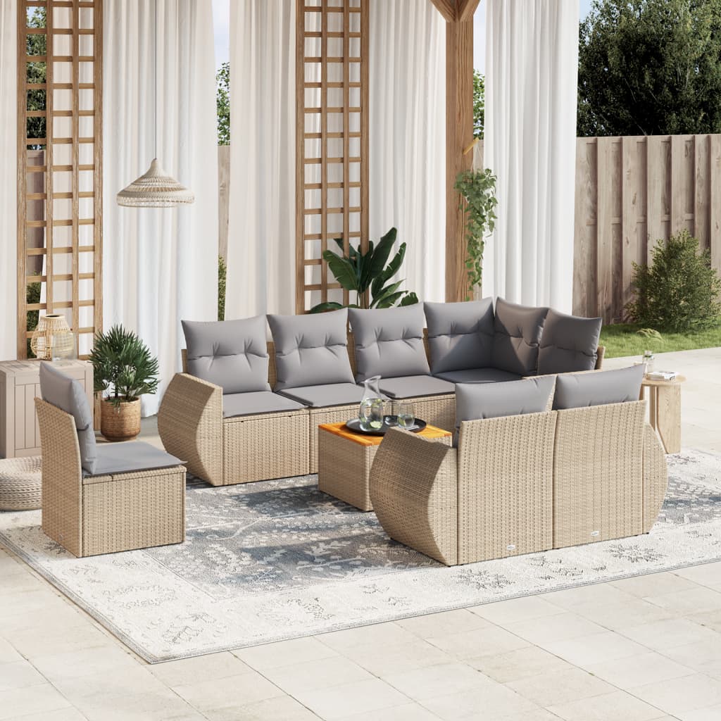 9-tlg. Garten-Sofagarnitur mit Kissen Beige Poly Rattan