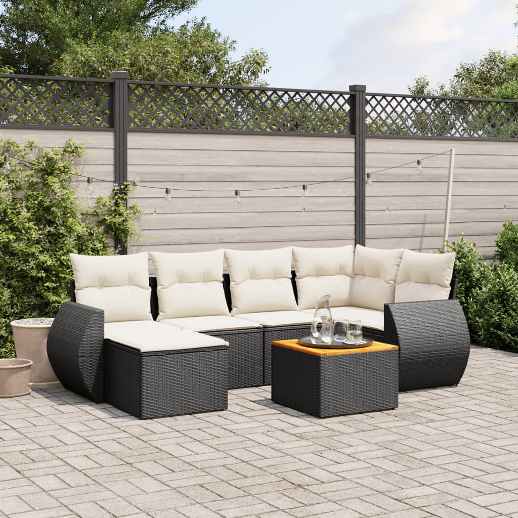 7-tlg. Garten-Sofagarnitur mit Kissen Schwarz Poly Rattan