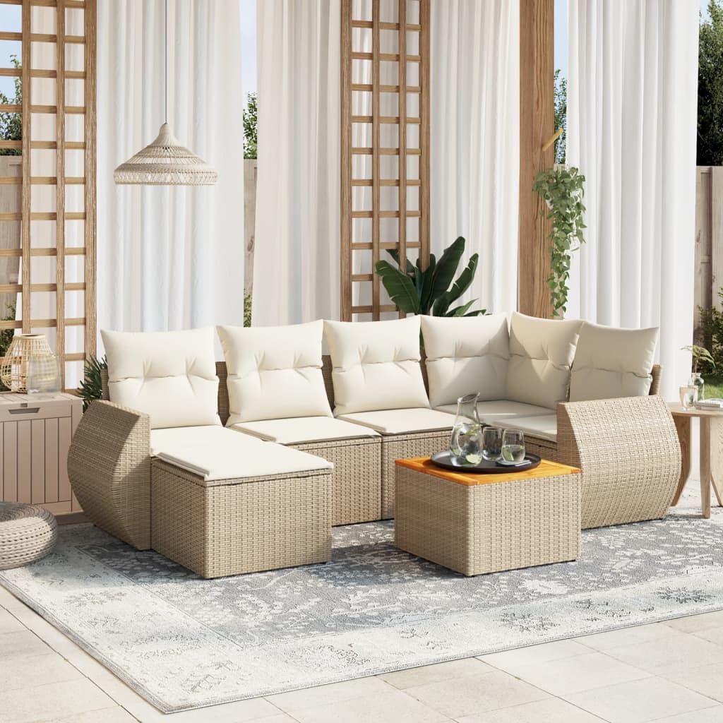 vidaXL 7-tlg. Garten-Sofagarnitur mit Kissen Beige Poly Rattan