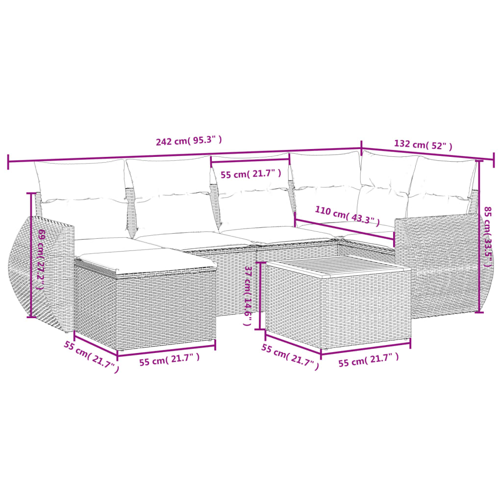 Set canapele de grădină, 7 piese, cu perne, gri, poliratan 3257439 - imagine 3