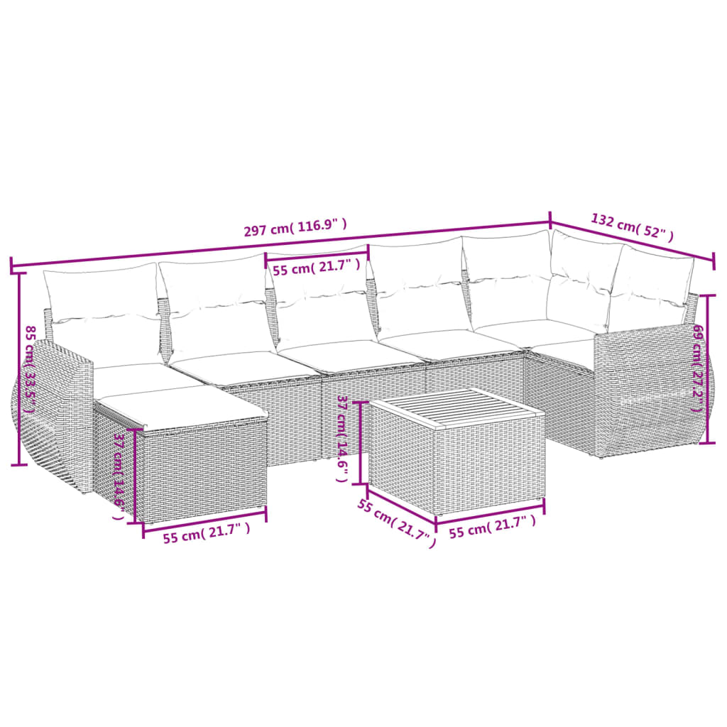 Set mobilier de grădină cu perne, 8 piese, negru, poliratan 3257442 - imagine 3