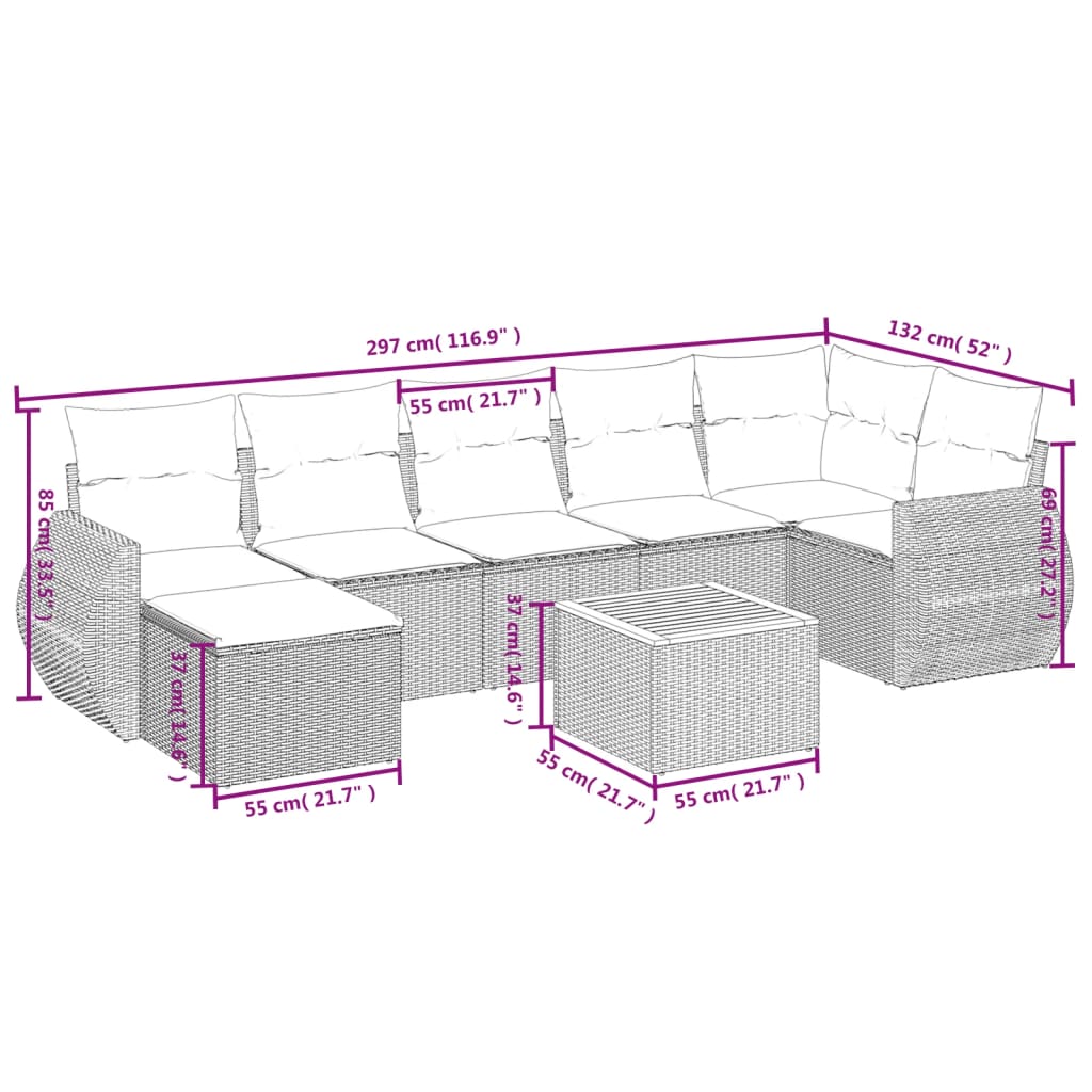 vidaXL 8-delige Loungeset met kussens poly rattan beige afbeelding