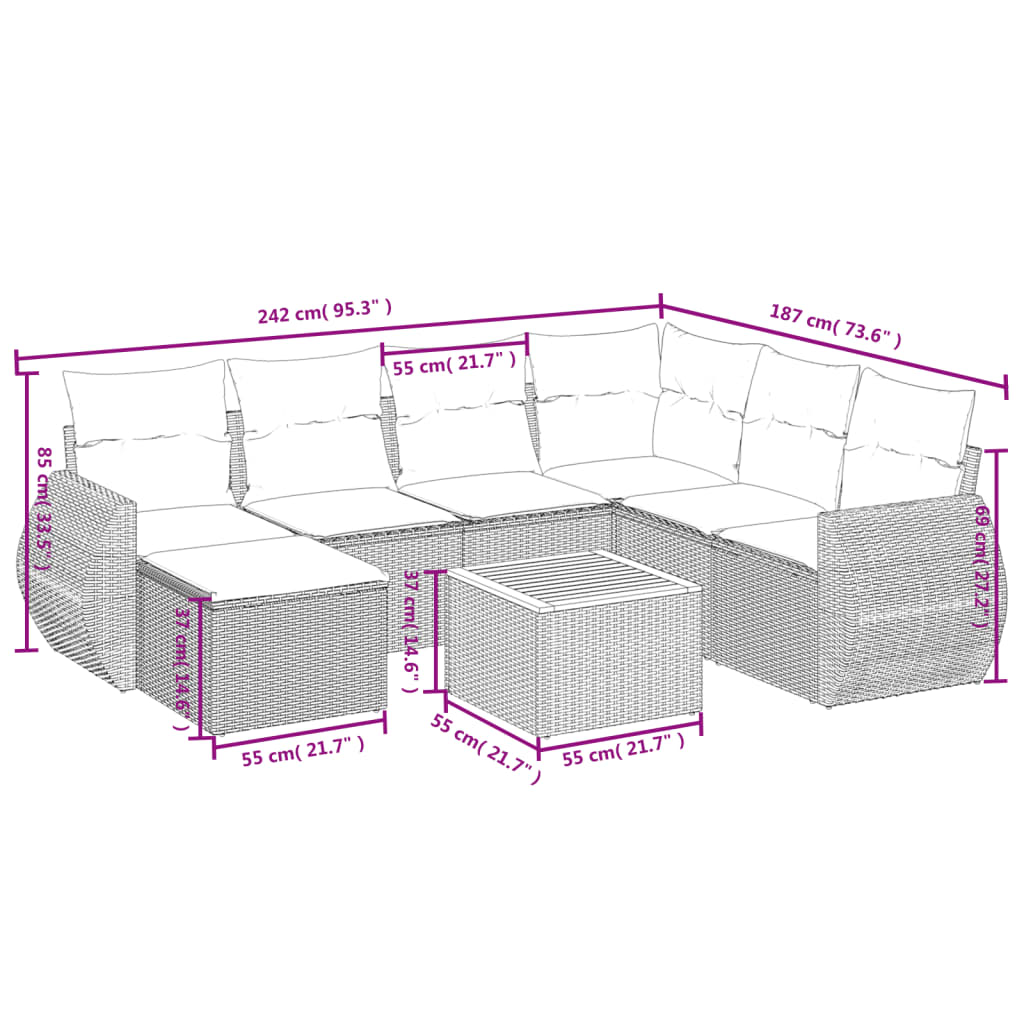 vidaXL 8-delige Loungeset met kussens poly rattan zwart