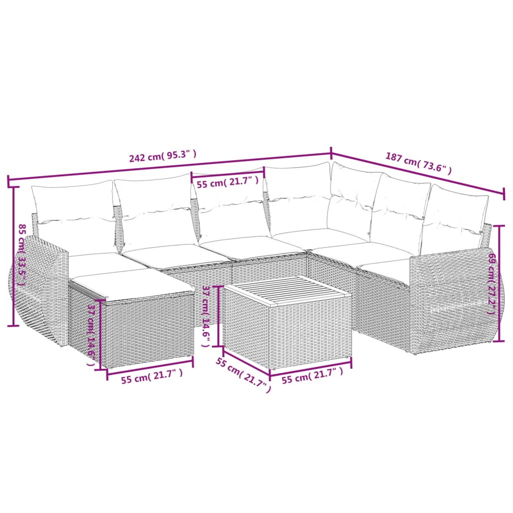vidaXL 8-delige Loungeset met kussens poly rattan grijs afbeelding